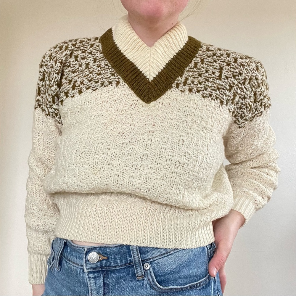 Cream V-Neck Textured Sweater with Olive Accent